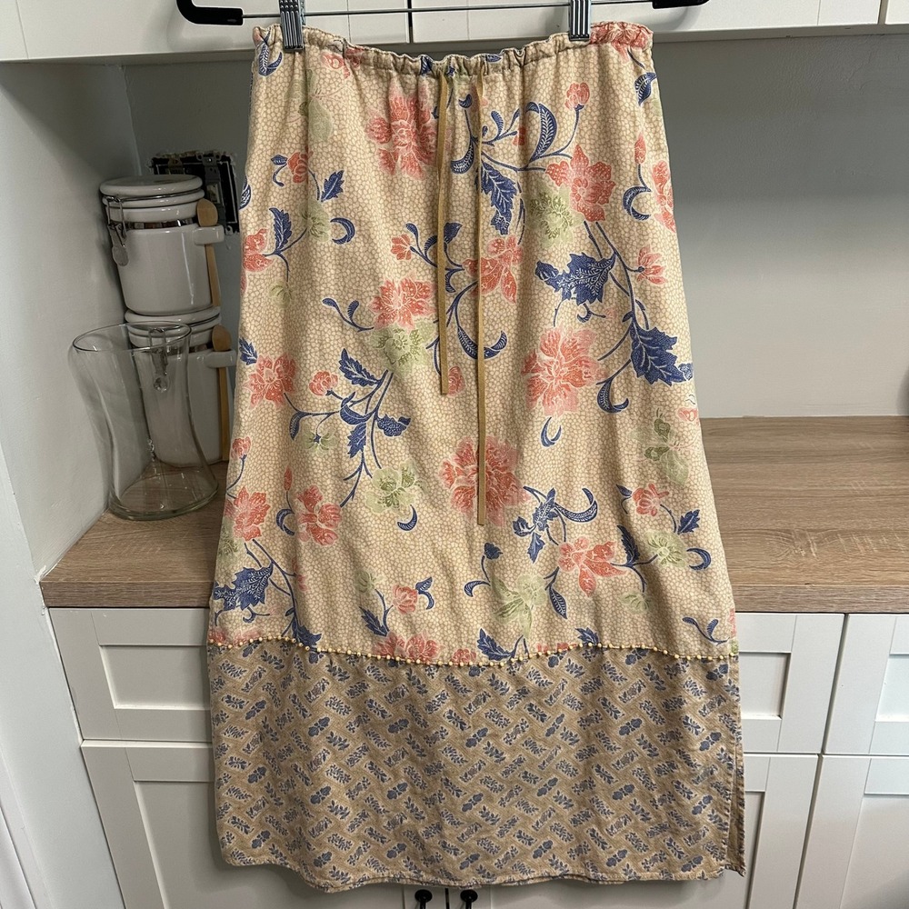 Cottagecore Linen Rayon Maxi Skirt Womens 4P Tan Floral Beaded Beach Vacation